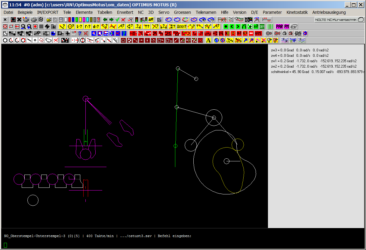 Software CAD-OPTIMUS MOTUS, Screenshot aus der Optimierung einer Packmaschine