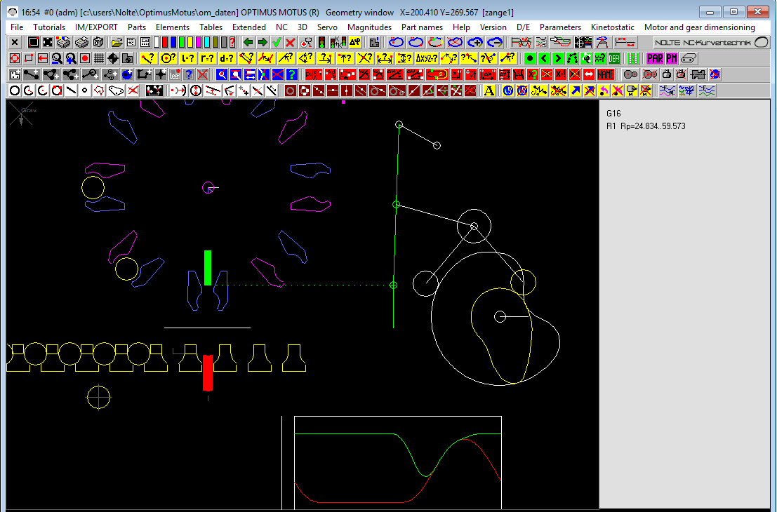 Software CAD-OPTIMUS MOTUS, screenshot from the optimization of a packaging machine