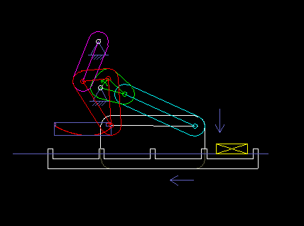 Six-bar linkage - four-bar mechanism plus parallel guidance dyad - applied as transport rake in a packaging machine